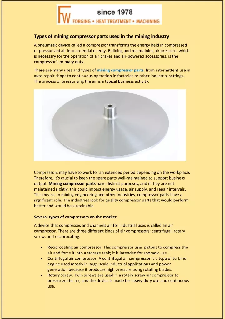 types of mining compressor parts used