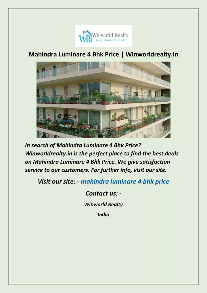 mahindra luminare 4 bhk price winworldrealty in