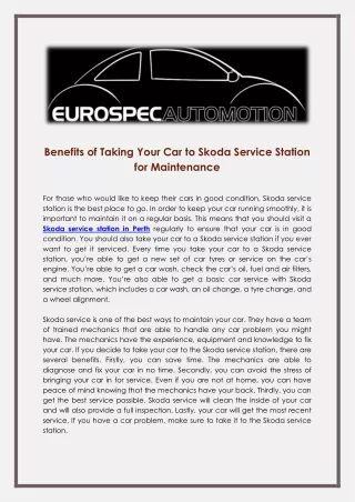 Benefits of Taking Your Car to Skoda Service Station for Maintenance