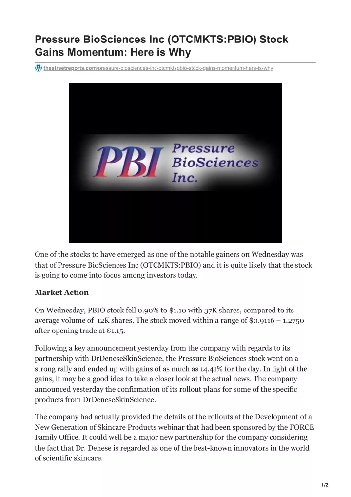 pressure biosciences inc otcmkts pbio stock gains