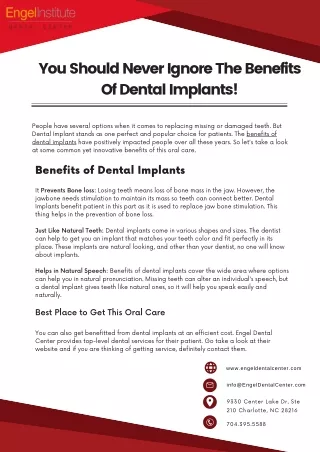You Should Never Ignore The Benefits Of Dental Implants -Engel Dental Center