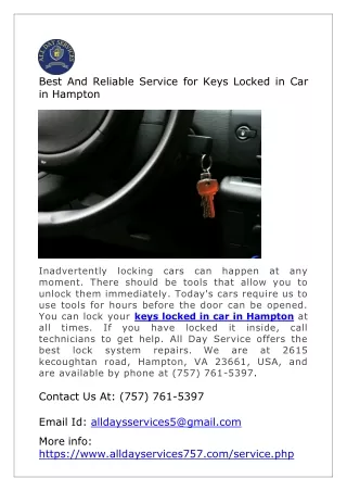 Best And Reliable Service for Keys Locked in Car in Hampton