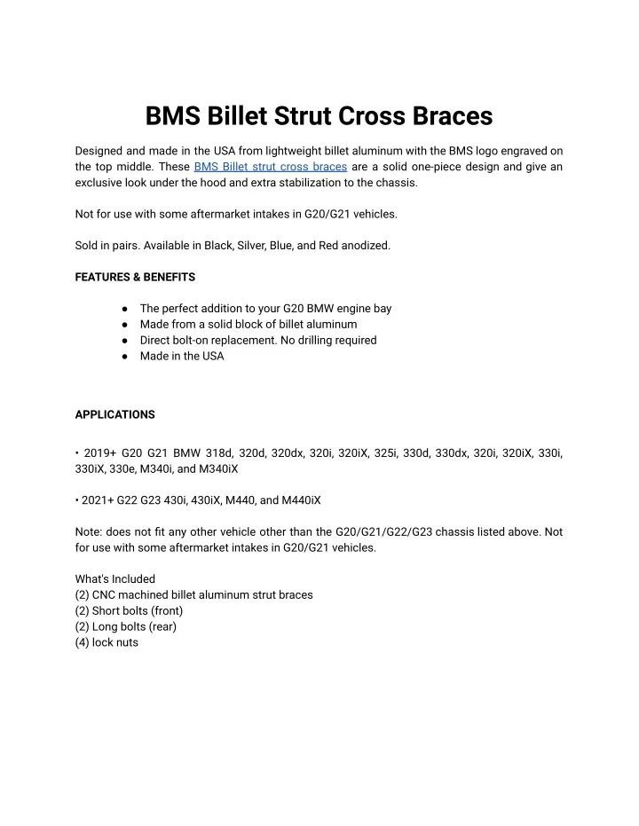 bms billet strut cross braces