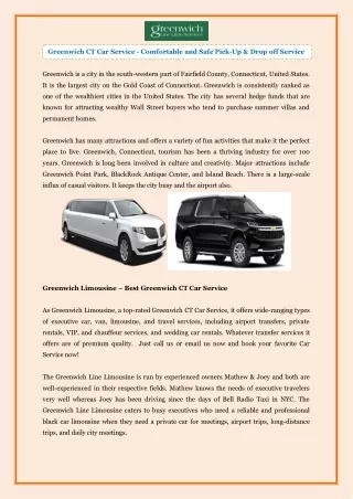 Greenwich CT Car Service - Comfortable and Safe Pick-Up & Drop off Service