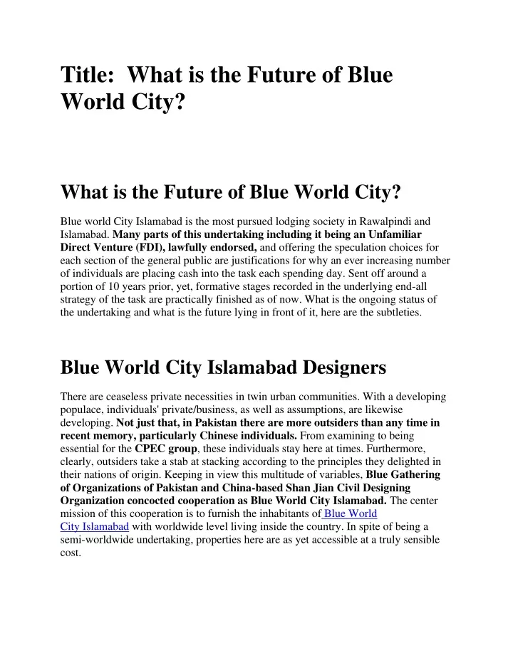 title what is the future of blue world city