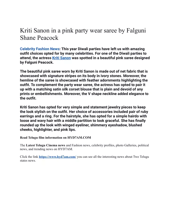 kriti sanon in a pink party wear saree by falguni