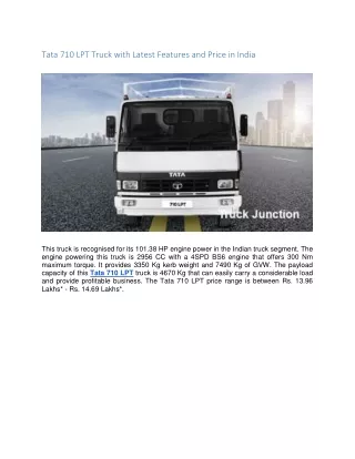 Tata 710 LPT Truck with Latest Features and Price in India