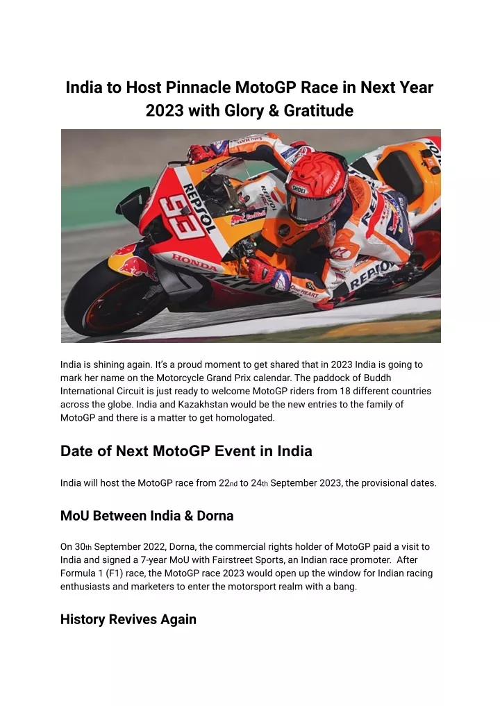 PPT - India To Host Pinnacle MotoGP Race In Next Year 2023 With Glory ...