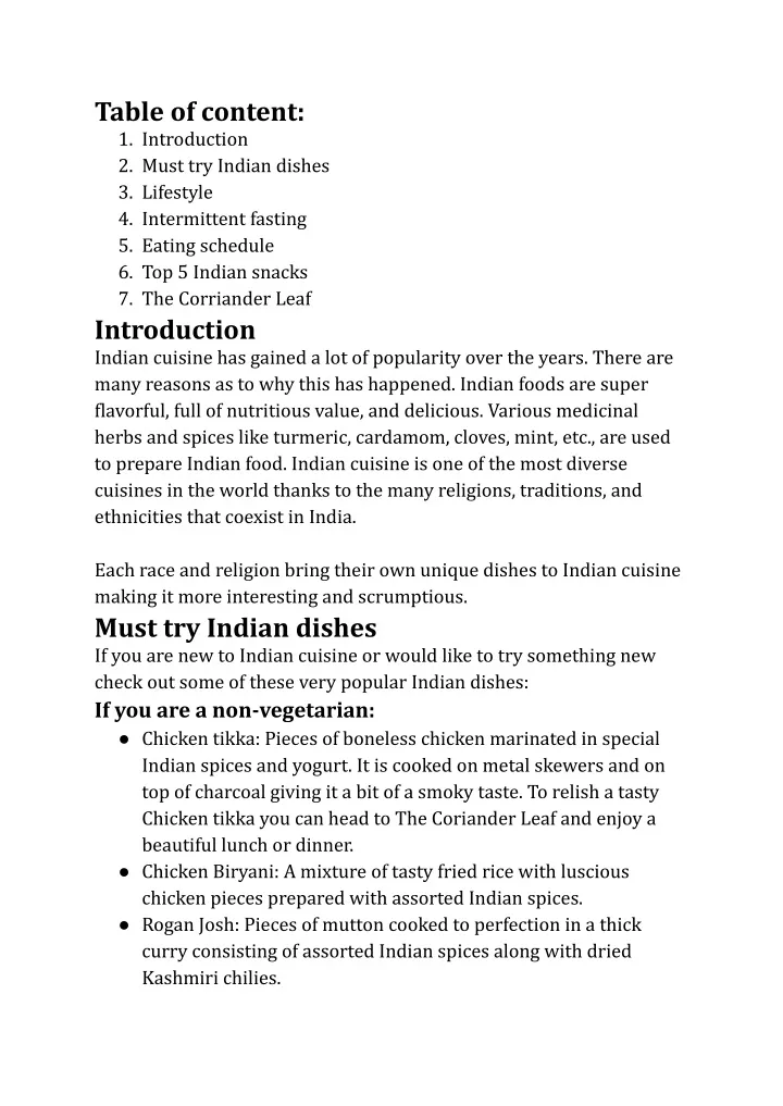 table of content 1 introduction 2 must try indian