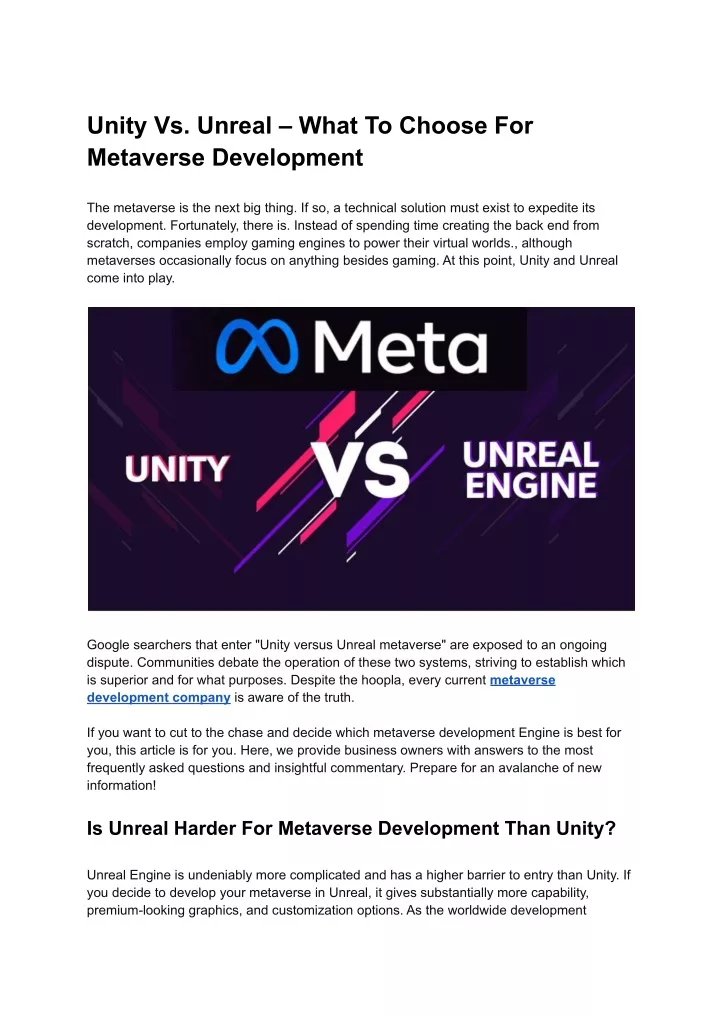 unity vs unreal what to choose for metaverse