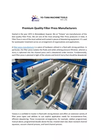 Premium Quality Filter Press Manufacturers