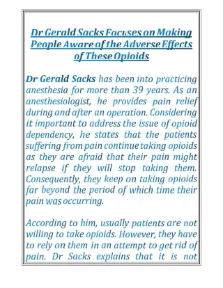 Dr Gerald Sacks Focuses on Making People Aware of the Adverse Effects of These Opioids