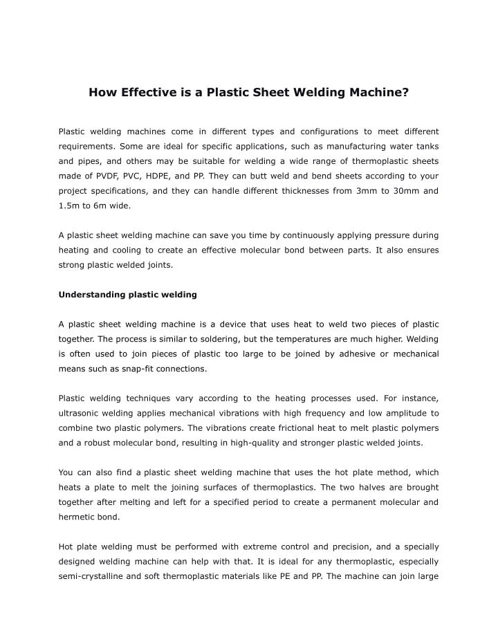 how effective is a plastic sheet welding machine