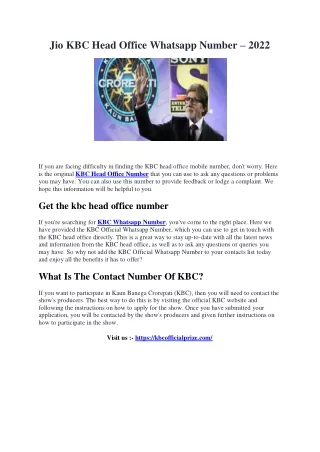 Jio KBC Head Office Whatsapp Number