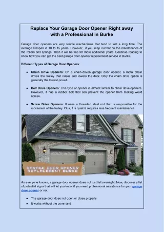 Replace Your Garage Door Opener Right away  with a Professional in Burke