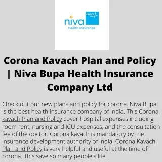 Corona Kavach Plan and Policy  Niva Bupa Health Insurance Company Ltd
