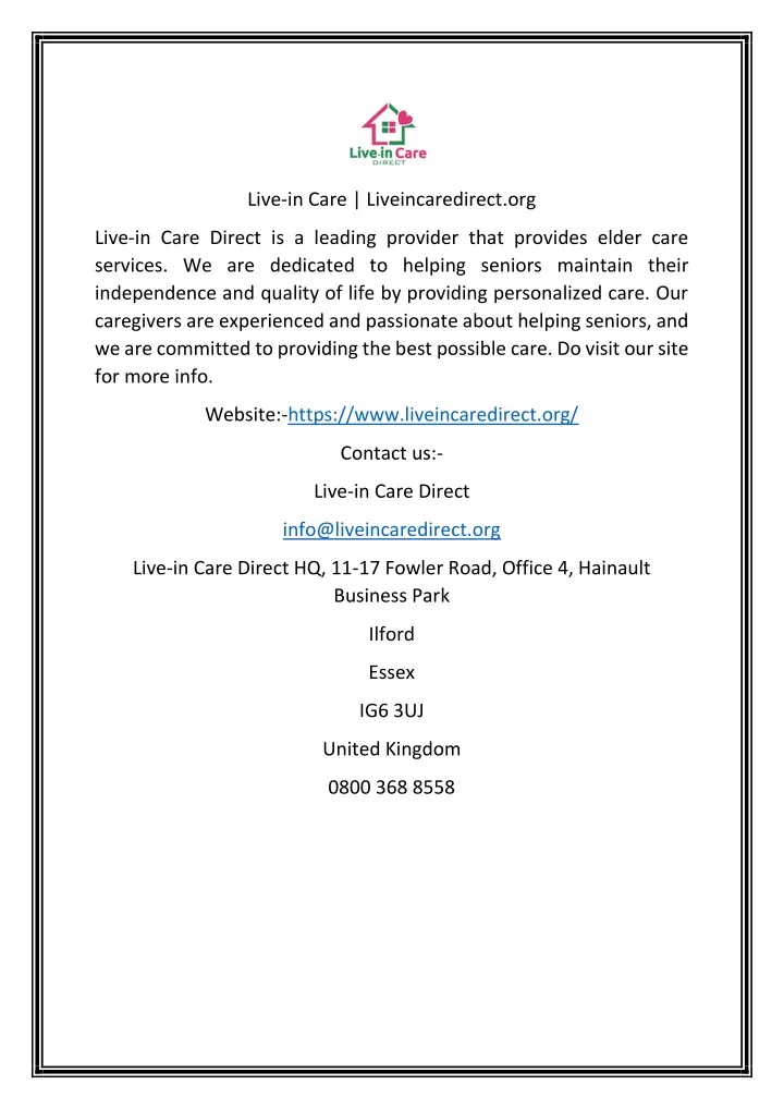 live in care liveincaredirect org