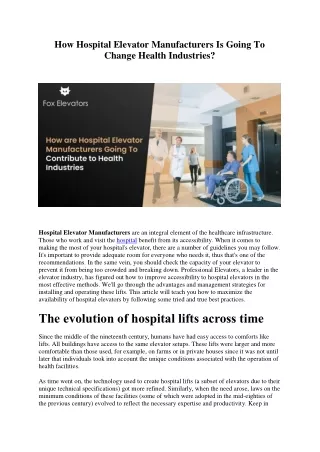 How Hospital Elevator Manufacturers Is Going To Change Health Industries
