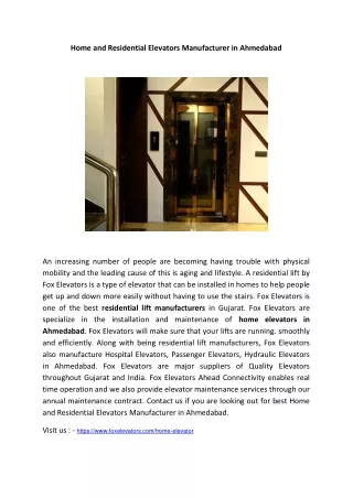 Home and Residential Elevators Manufacturer in Ahmedabad