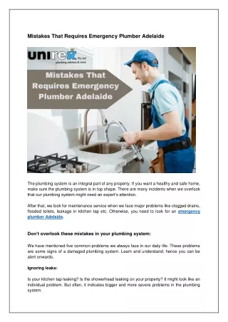 Mistakes That Requires Emergency Plumber Adelaide