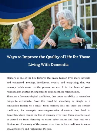 Ways to Improve the Quality of Life for Those Living With Dementia