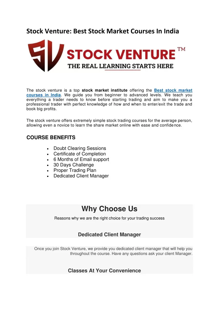 stock venture best stock market courses in india