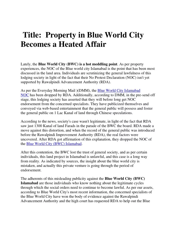 title property in blue world city becomes