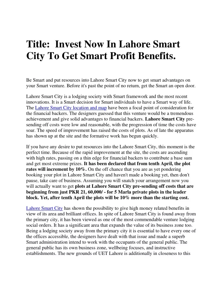 title invest now in lahore smart city