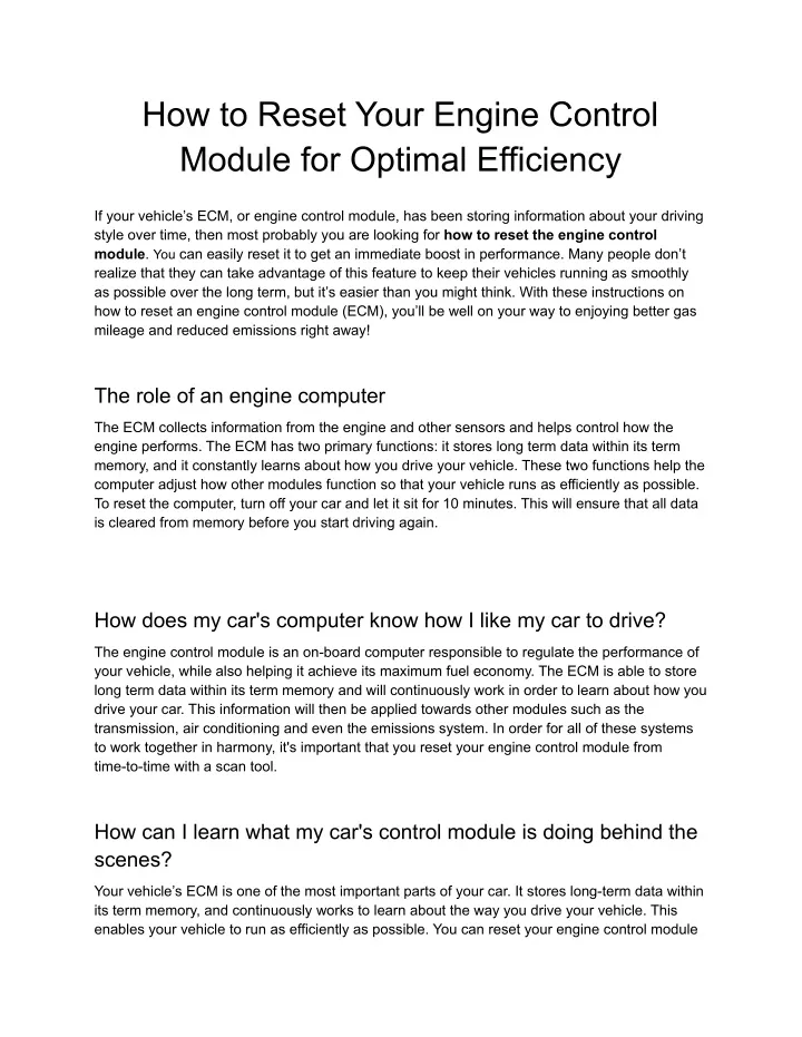 PPT - How to Reset Your Engine Control Module for Optimal Efficiency ...