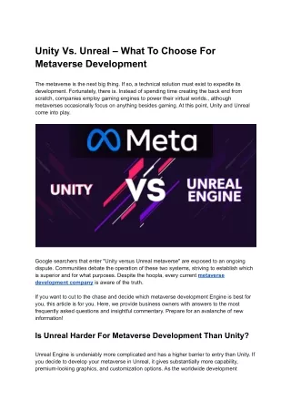 Unity Vs. Unreal – What To Choose For Metaverse Development