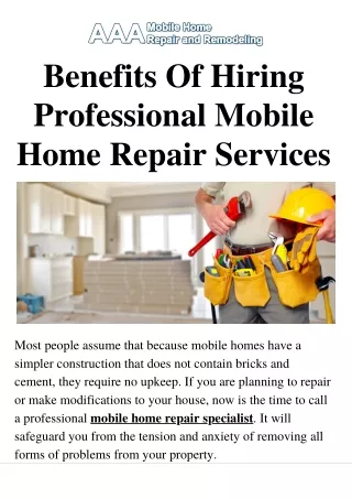 Enjoy the Exclusive Benefits Of Hiring Professional Mobile Home Repair Services