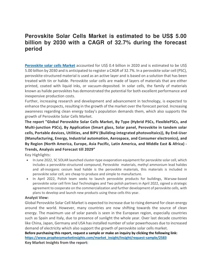 perovskite solar cells market is estimated