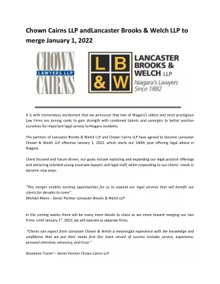 Chown Cairns LLP andLancaster Brooks and Welch LLP to merge January 1, 2022