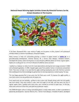 National Award Winning Apple Varieties Grown By Himachal Farmers Can Be Grown Anywhere In The Country