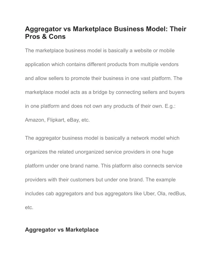 aggregator vs marketplace business model their