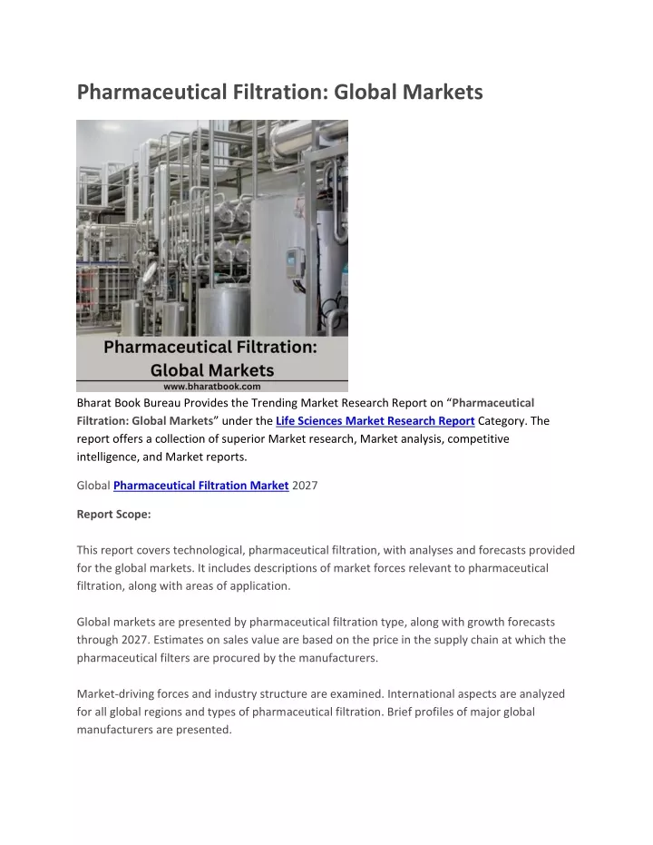 pharmaceutical filtration global markets