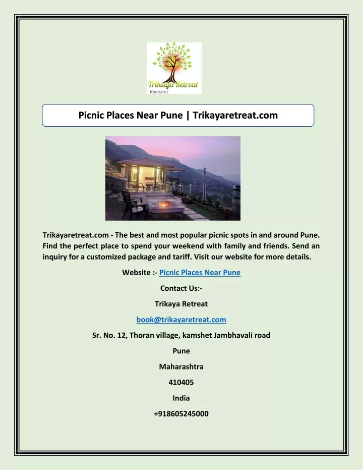 picnic places near pune trikayaretreat com