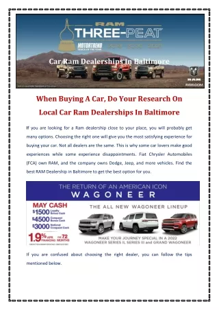 When Buying A Car, Do Your Research On Local Car Ram Dealerships In Baltimore
