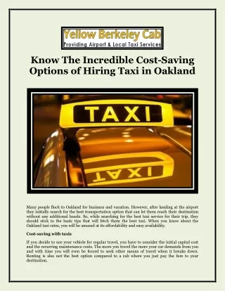 Know The Incredible Cost-Saving Options of Hiring Taxi in Oakland