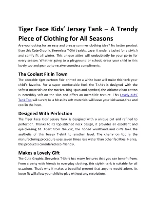 Tiger Face Kids’ Jersey Tank – Cute Graphic Sleeveless T-Shirt – Lovely Kids’ Ta