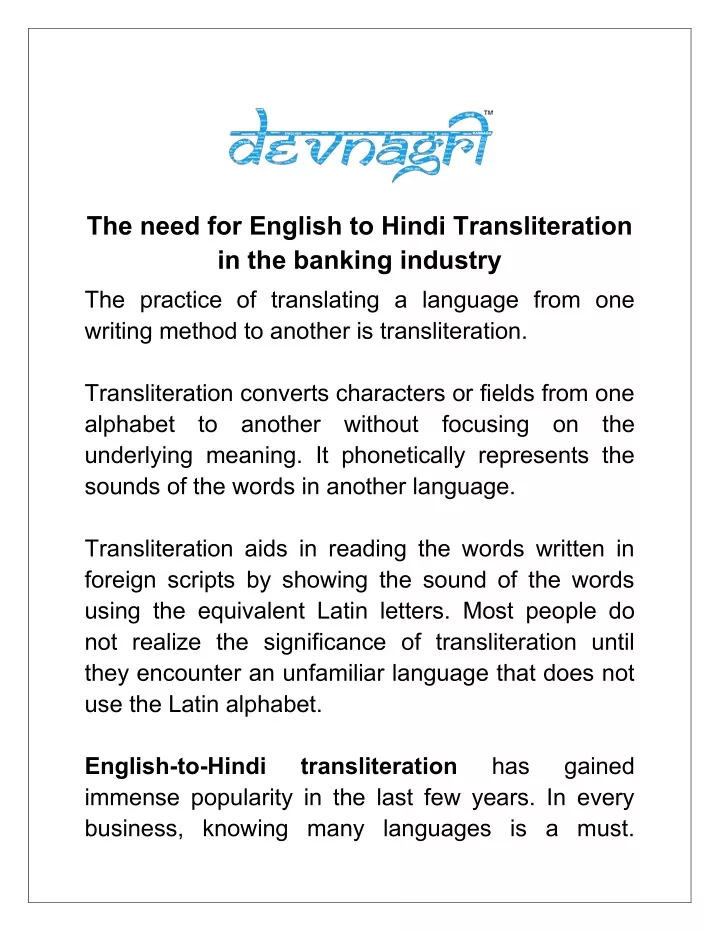 the need for english to hindi transliteration