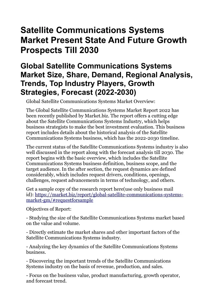 PPT - Satellite Communications Systems Market Present State And Future ...