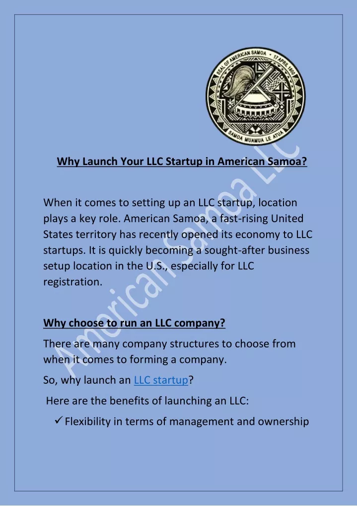 why launch your llc startup in american samoa