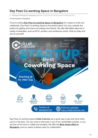 Day Pass Co-working Space in Bangalore
