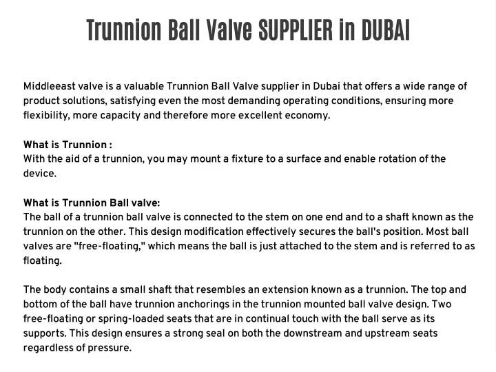 trunnion ball valve supplier in dubai