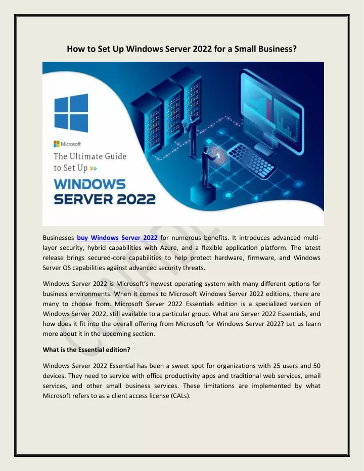 how to set up windows server 2022 for a small