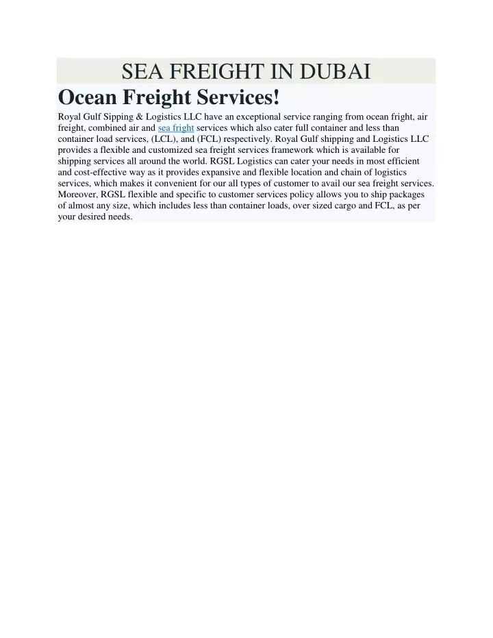 sea freight in dubai ocean freight services royal