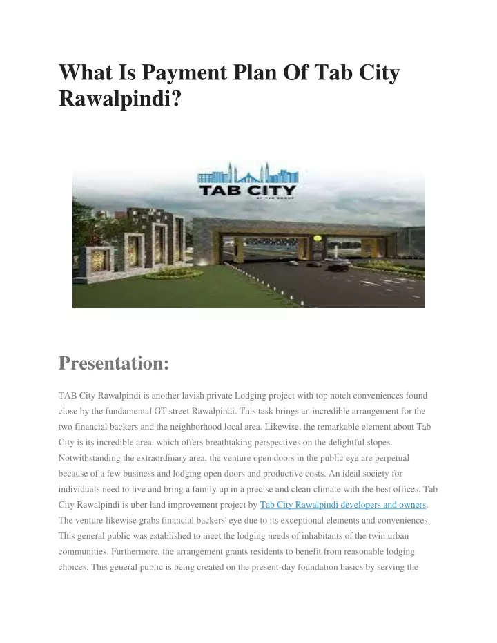 what is payment plan of tab city rawalpindi