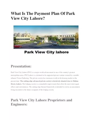 What Is The Payment Plan Of Park View City Lahore