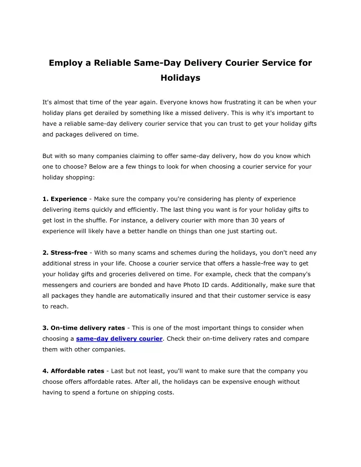 employ a reliable same day delivery courier